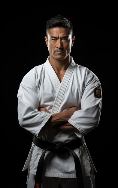 karate man standing with black belt isolated on black background