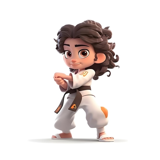 Karate meisje in witte kimono en zwarte gordel 3D rendering