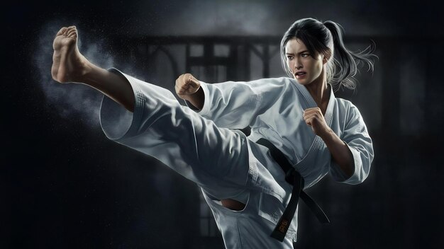 Karate woman giving a kick and dark background