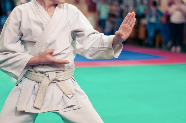 Karatedo-training en een gezonde levensstijl Styling voor een filmfoto Toegevoegde filmruis en bewegingsonscherpte Retro-stijl