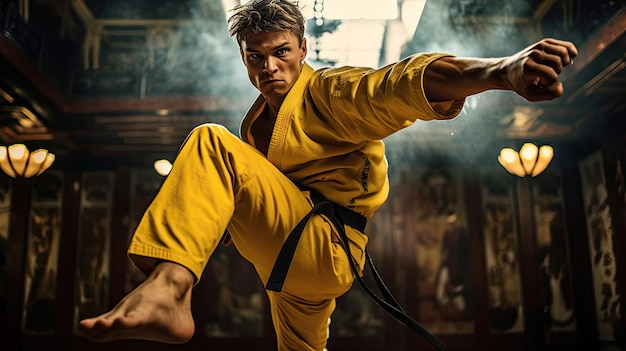 Karateka voert een krachtige hoge schop uit.