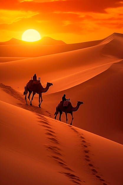 Karavaan van kamelen doorkruist de Sahara woestijn tussen het zand en de duinen bij zonsondergang