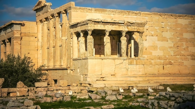 Kariatide gedrapeerde vrouwelijke figuur gebruikt in plaats van een kolom als ondersteuning van de oude Akropolis Athene Griekenland