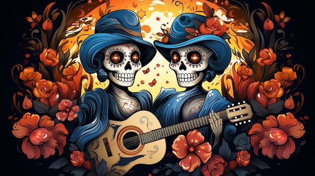 karikatuur van de muertos de dominante kleur is azul met decoracin amarilla