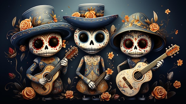 karikatuur van de muertos de dominante kleur is azul met decoracin amarilla