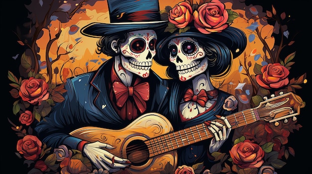 karikatuur van de muertos de dominante kleur is azul met decoracin amarilla