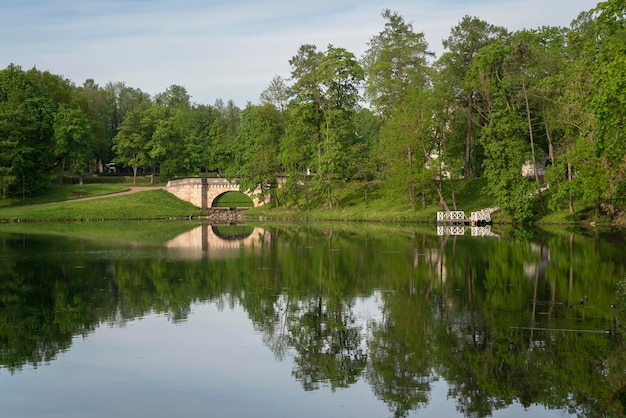 晴れた夏の日にガッチンスキー公園のカルピン池と白い湖の間のカスケードに架かるカルピン橋 ガッチナ サンクトペテルブルク ロシア