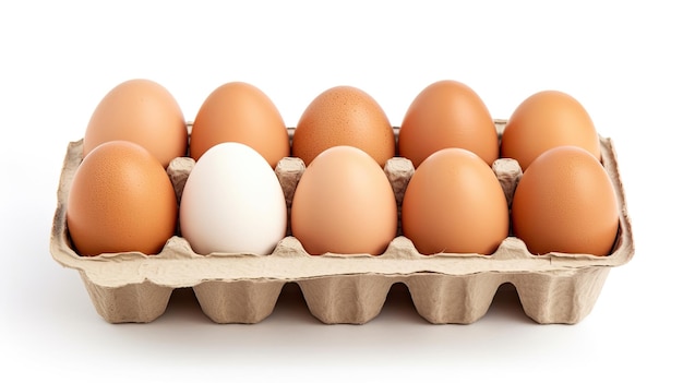Karton met verse eieren geïsoleerd op witte achtergrond