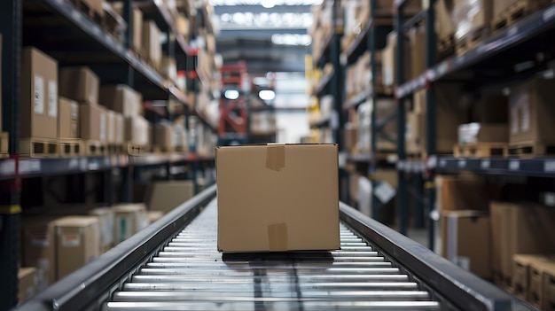 Kartondoos op een transportband in een magazijn Distributiecentrum logistiek Focus op verpakking Industriële achtergrond met dozen AI
