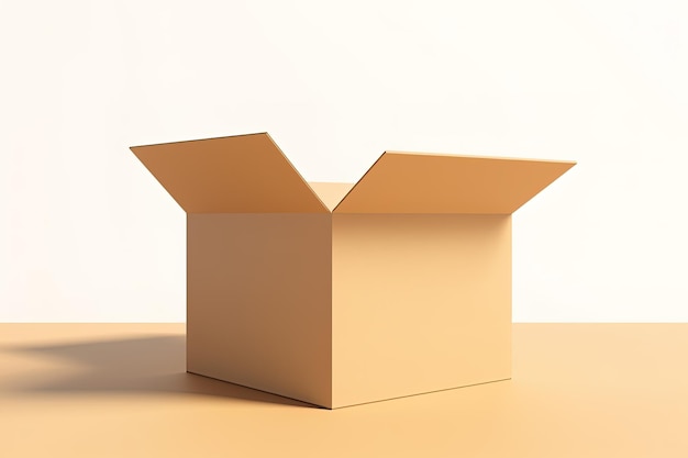 Kartonnen doos met geopend deksel geïsoleerd op witte en beige achtergrond