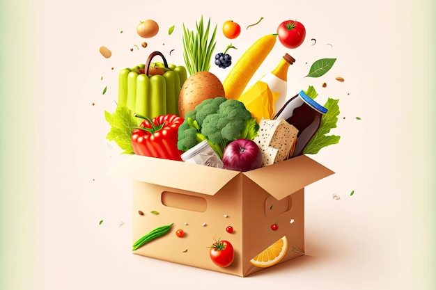 Kartonnen doos met groenten en fruit voor bezorging gemaakt met generatieve ai