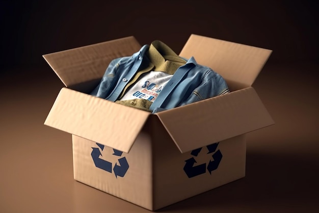 Kartonnen doos met oude kleding om te recyclen en te doneren Gebruikte kleding voor verkoop recycle of donatie AI gegenereerd