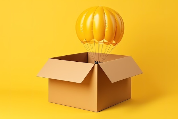Kartonnen doos met parachute gele achtergrond Generatieve AI