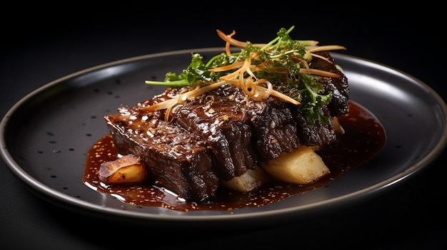 karubi beef short rib bone flanken style on black plate