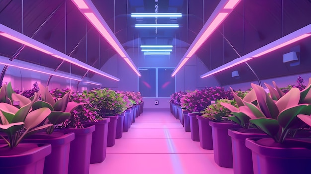 Kas met paars licht en levendige planten in SciFi-stijl