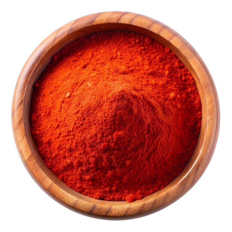 Photo kashmeri red chili powder in wooden bowl on white background