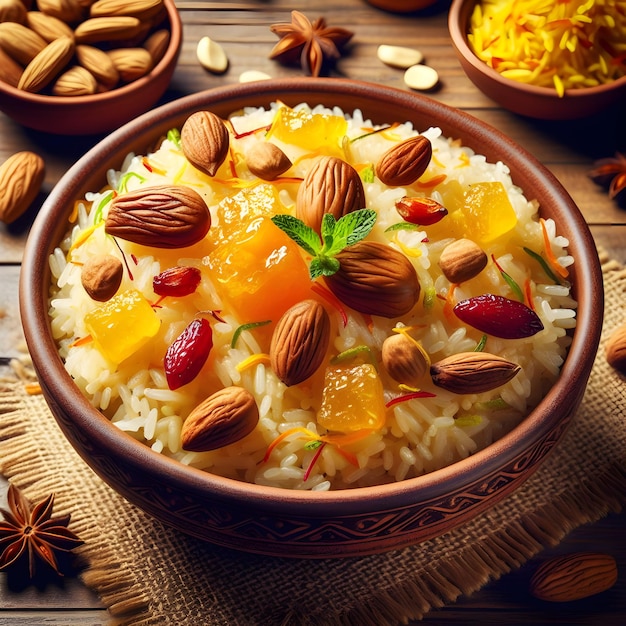 Kashmiri pulao with fragrant Basmati rice spices Saffron and dry fruits