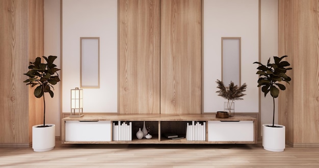 Kast houten ontwerp op witte kamer interieur moderne stijl3D-rendering