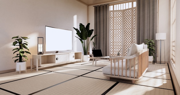 Kast in woonkamer met tatami-matvloer en sofa fauteuil design.3D-rendering