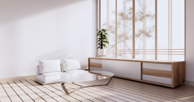 Kast in woonkamer met tatami-matvloer en sofa fauteuil design.3D-rendering
