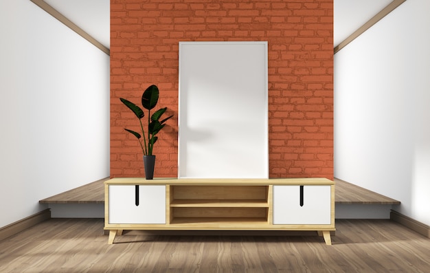 kast ontwerp, moderne woonkamer met oranje bakstenen muur op witte houten vloer.