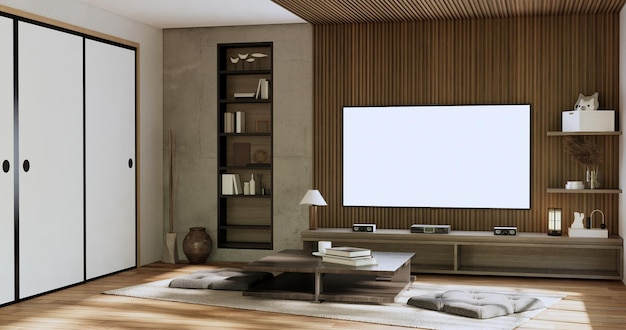 Kast tv houten Japans ontwerp op kamer minimaal interieur3D-rendering