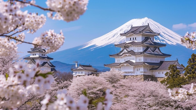 Kasteel en volle kersenbloesem met Fuji berg achtergrond Generatieve Ai