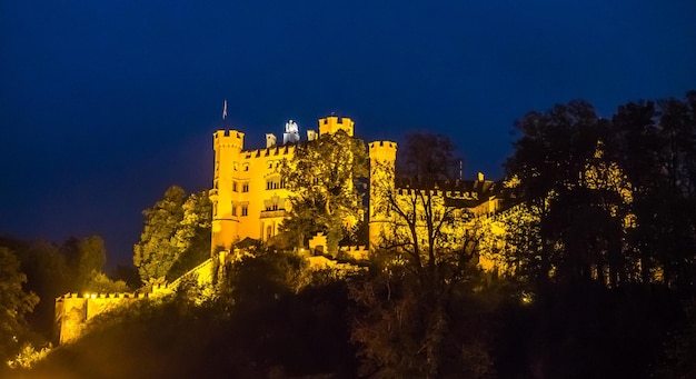 Kasteel Hohenschwangau op heuvel onder schemeringavondhemel