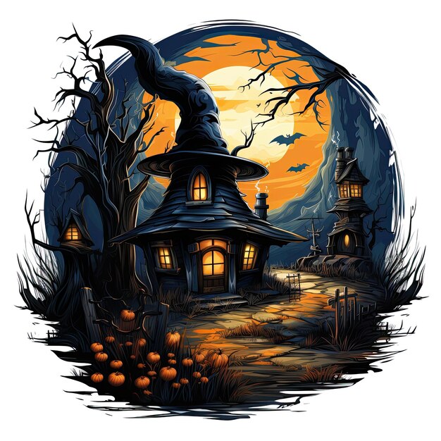 kasteel nacht maan vector sticker halloween schattig tattoo ontwerp illustratie kunst print enge pompoen