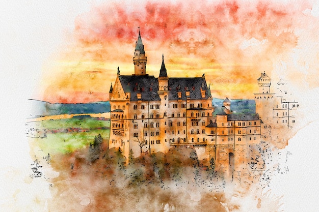 Kasteel Neuschwanstein schets aquarel landschap achtergrond architectuur