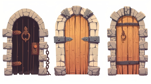 Kasteel- of kerkerdeur van hout met metalen ketting Tekening van middeleeuwse houten deuren in de vorm van een boog met deuren van stenen bakstenen, ijzeren handgrepen en rooster