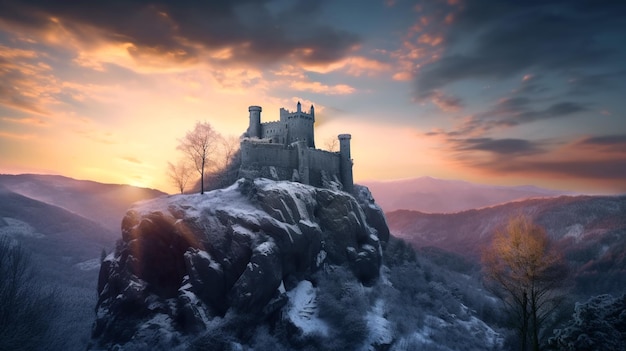 Foto kasteel op bergtop in de winter middeleeuwse citadel bij zonsondergang generatieve ai