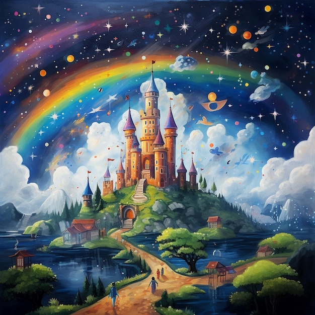 Kasteel voor kinderverhalen beeld regenboog een wereld van dromen kindertijd hoopvol en vreugdevol