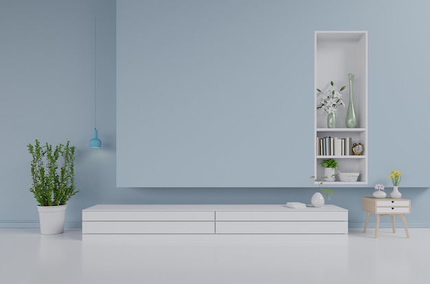 Kasten en muur voor tv in de woonkamer, blauwe muren, 3d-rendering