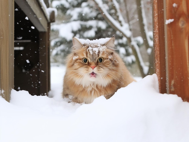 kat die een wandeling maakt in de achtertuin, sneeuw gegenereerde ai