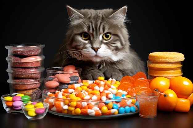 Foto kat die nadenkt over de keuze van gezonde en ongezonde snacks