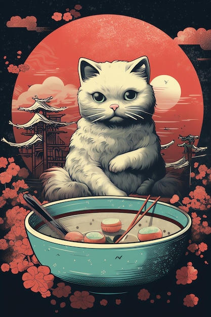 Kat die ramen eet Japanse poster Japanse kunst ramen winkel