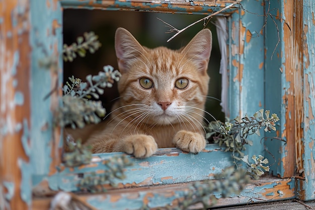 Kat die uit het raam kijkt vintage behang