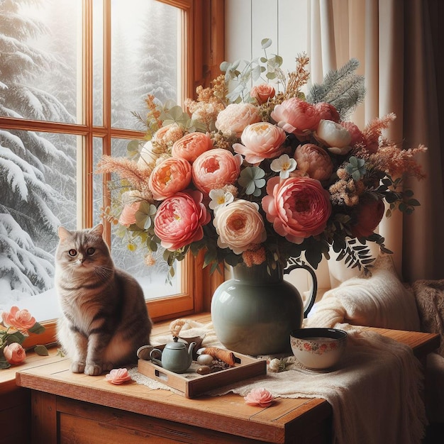 Kat en bloemen bij het raam.