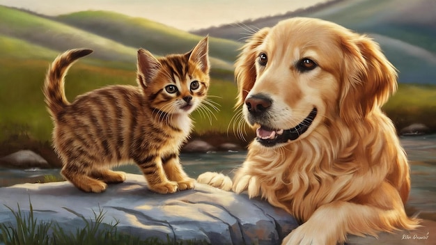 Kat en hond Abessinië kitten golden retriever kijkt naar rechts