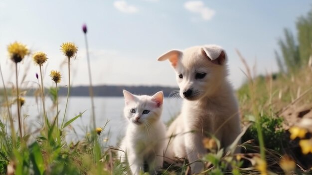 kat en hond grappige schattige puppy en kitten zitten spelen op zeewater zeewater plons op zonsondergang natuur