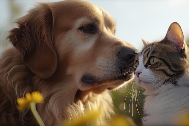 Kat en hond in een romantische scène met slow motion en dromerige muziek gemaakt met generatieve AI