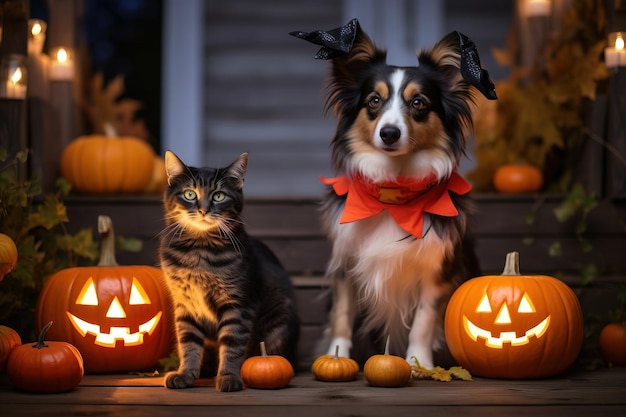 Kat en hond in Halloween kostuums zitten op een versierde veranda