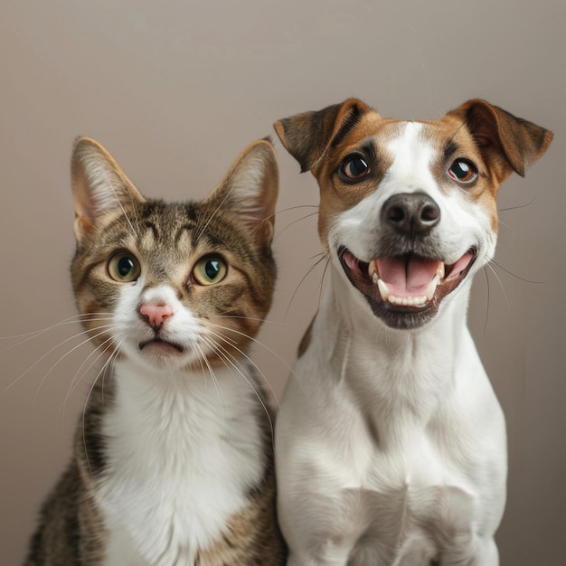Kat en hond poseren voor een foto