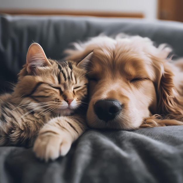 kat en hond slapen samen gemaakt met generatieve ai