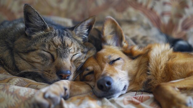 Foto kat en hond slapen samen generatieve ai