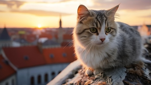 'Kat en kat zitten op het dak van het huis op zonsondergang 's avonds in de middeleeuwse stad