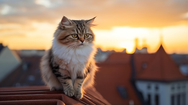 'Kat en kat zitten op het dak van het huis op zonsondergang 's avonds in de middeleeuwse stad