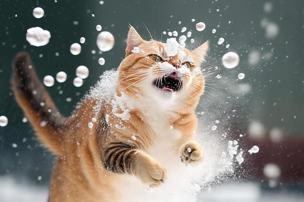 Kat geslagen door sneeuwbal Leuk kitten met verbaasd en boos gezicht geraakt door de sneeuw tijdens sneeuwgevecht Gegenereerde AI