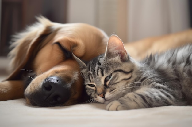 Kat hond samen slapen thuis Genereer Ai